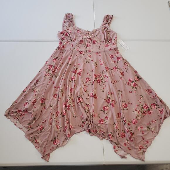 Y2K Fairy Grunge Whimsy Dress Women Large Pink Floral Handkerchief Hem Lace Boho - Picture 1 of 9